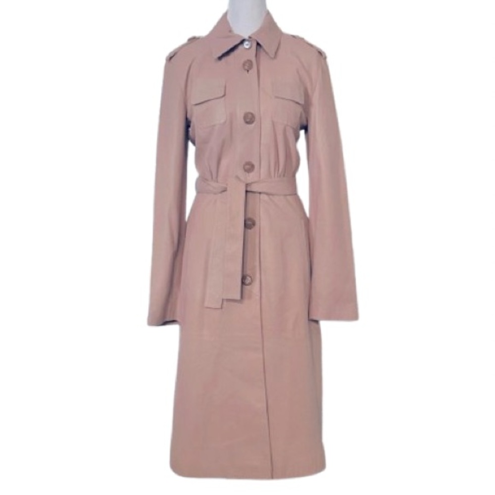 Vintage HUGO BOSS Lamb Leather Pink Peach Trench Coat Belted Waist Extra Small - Picture 2 of 16